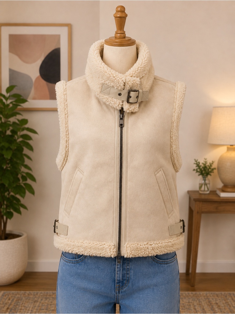 And Now This NWT Cream Faux Suede Sherpa Moto Vest Buckle Size S